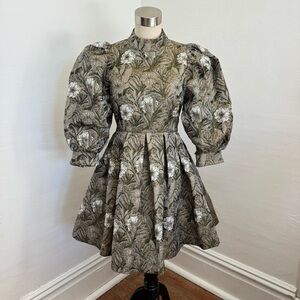 Floral Puff Sleeve Jacquard Dress